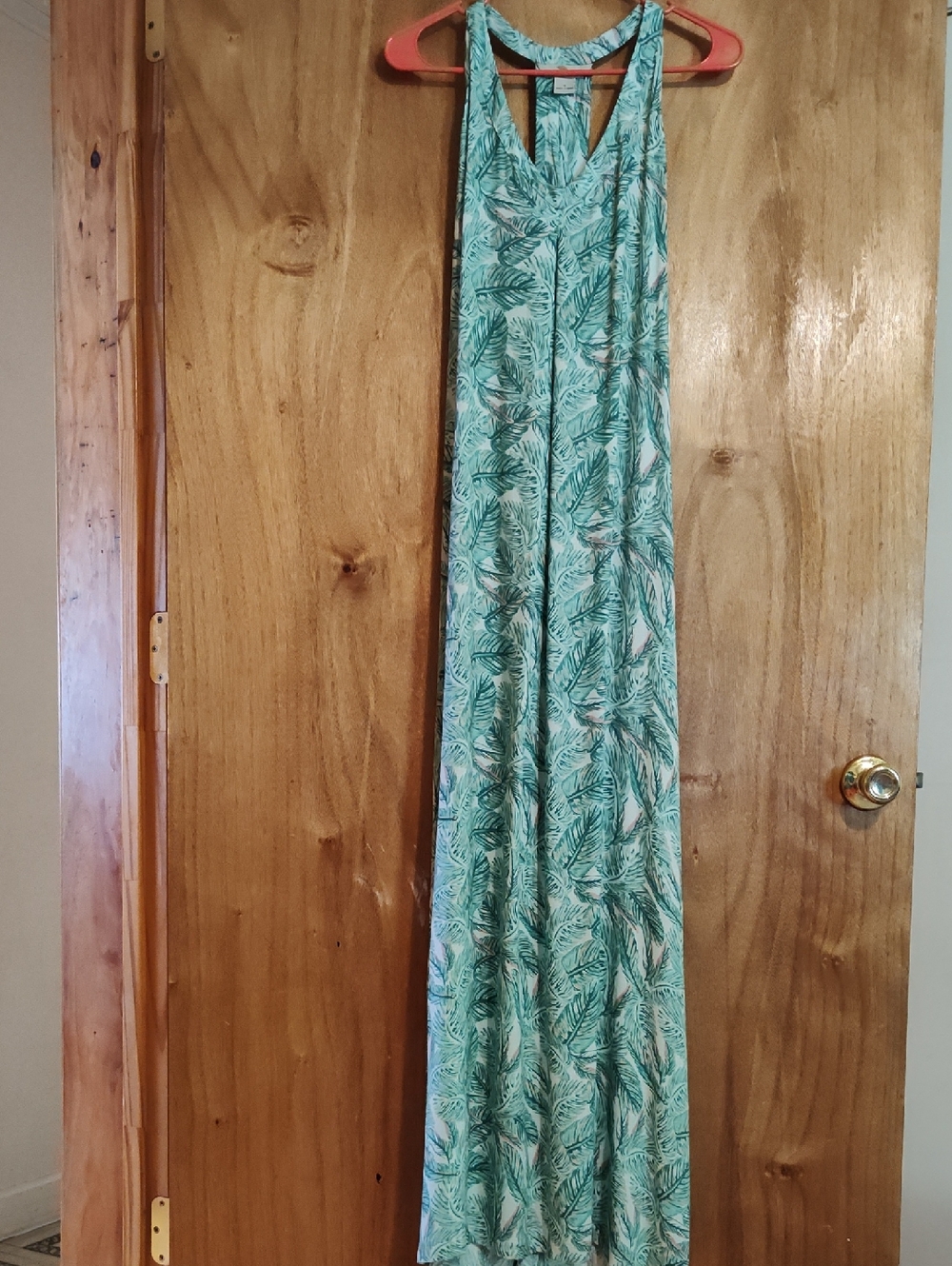 Bob Timberlake Floor Length Maxi Dress Palm Print Green Peach Racerback Beachy S